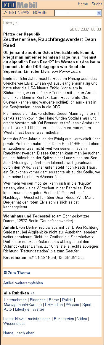 Plätze der Republik - Zeuthener See, Rauchfangswerder: Dean Reed   | Lifestyle | FTD Mobil